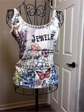 White Multicolor Jewel Print Scoop Neck Tank Top Bling Sequins